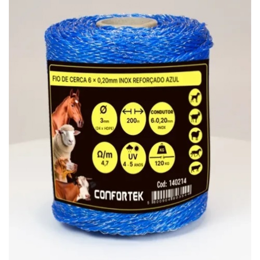 ROLO DE FIO CERCA REFORÇADO 6 CONDUTORES 0.2MM AZUL- 200 MT