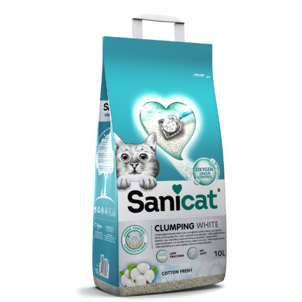 SANICAT  AREIA PARA GATOS CLUMPING WHITE COTTON FRESH 10L