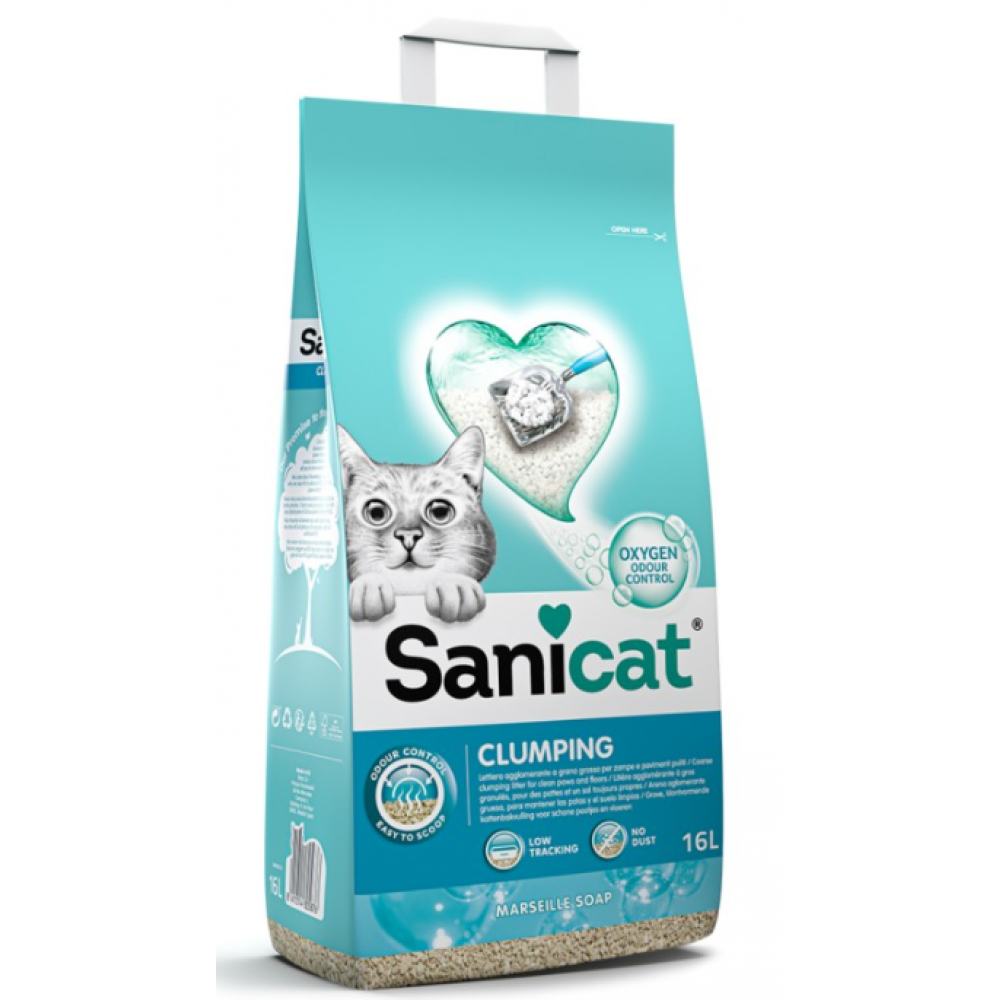 SANICAT  AREIA PARA GATOS CLUMPING SABÃO DE MARSELHA 16L