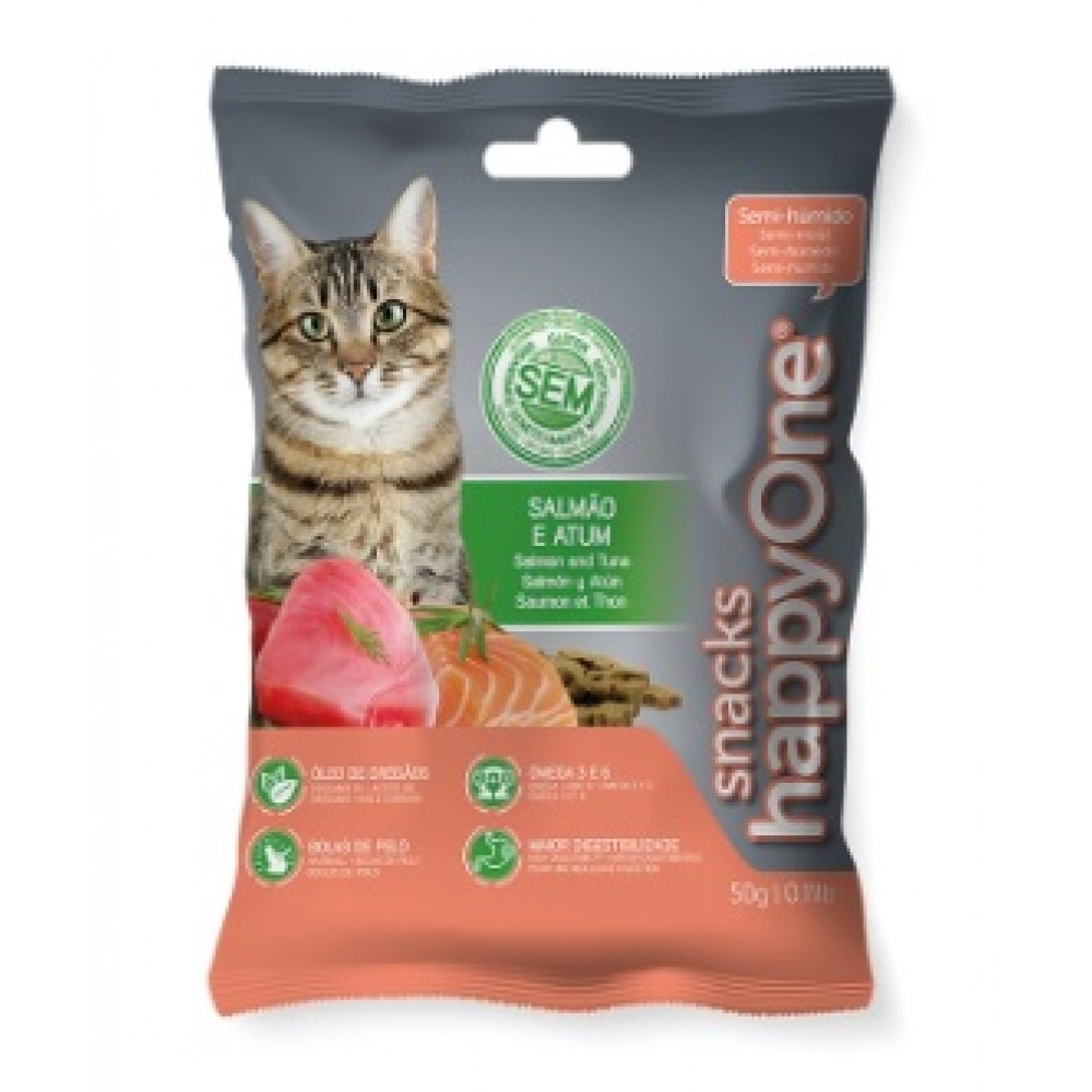 HAPPY ONE SNACKS SEMI-HUMIDO GATO SALMÃO E ATUM - 50GR