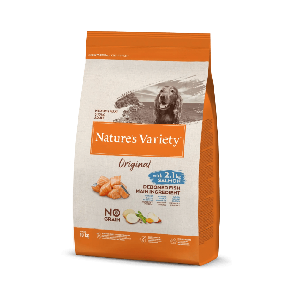 NATURE'S VARIETY ORIGINAL  CAO ADULTO MEDIUM/MAXI NO GRAIN SALMÃO -  10KG