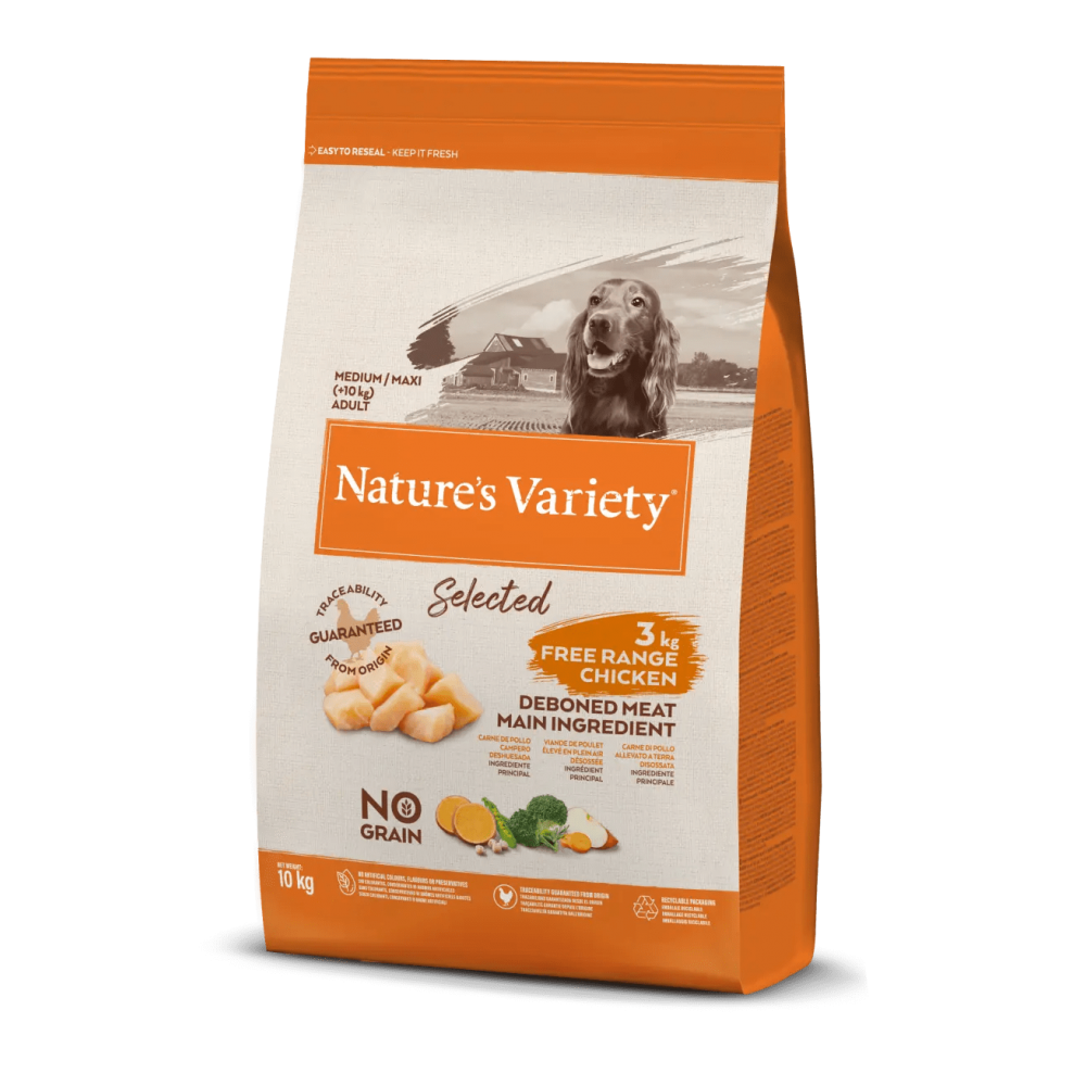 NATURE'S VARIETY SELECTED  CAO ADULTO MEDIUM/MAXI  NO GRAIN FRANGO DO CAMPO -  10KG