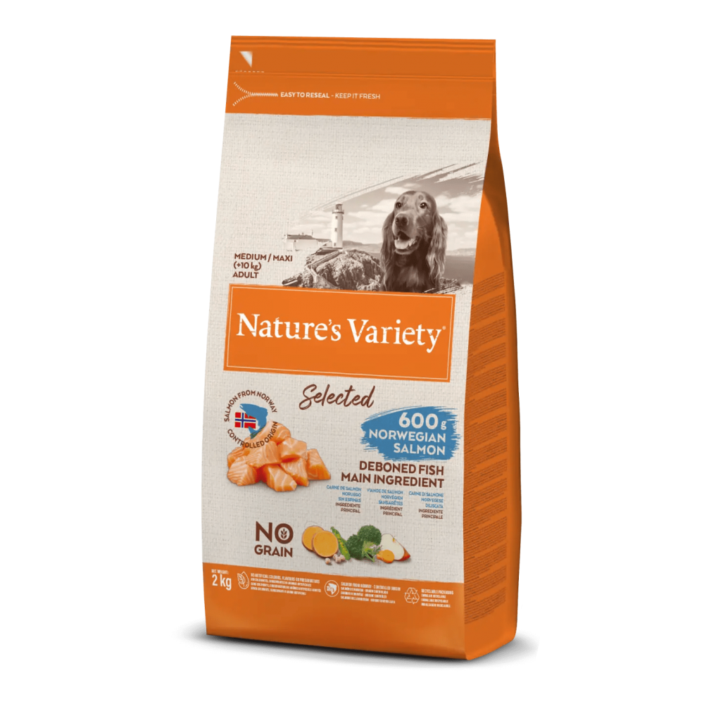 NATURE'S VARIETY SELECTED  CAO ADULTO MEDIUM/MAXI NO GRAIN SALMÃO DA NORUEGA - 2 KG