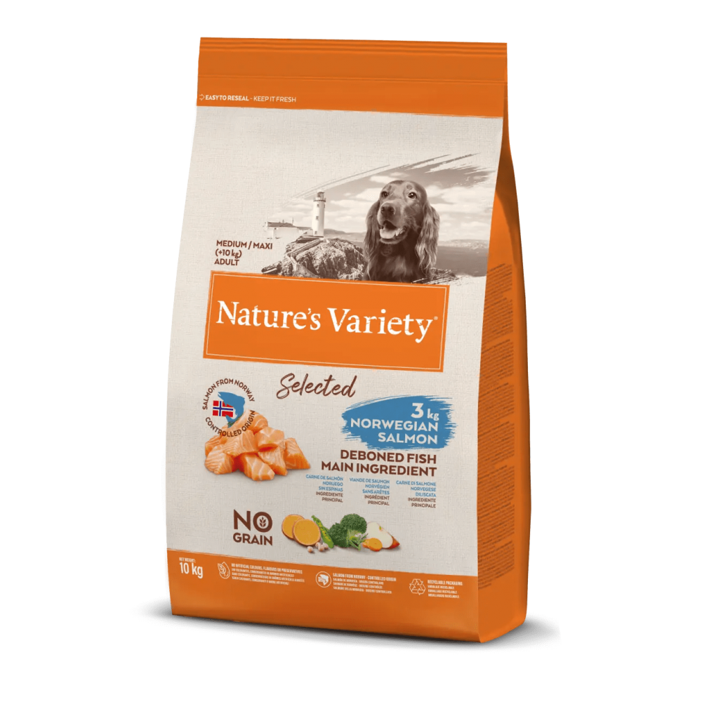 NATURE'S VARIETY SELECTED  CAO ADULTO MEDIUM/MAXI NO GRAIN SALMÃO DA NORUEGA - 10KG