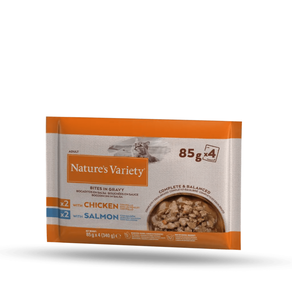 NATURE'S VARIETY ORIGINAL GATO WET PEDAÇOS COM MOLHO  MULTIPACK 2 FRANGO + 2 SALMÃO ( 4X85G)