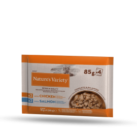 NATURE'S VARIETY ORIGINAL GATO WET PEDAÇOS COM MOLHO  MULTIPACK 2 FRANGO + 2 SALMÃO ( 4X85G)